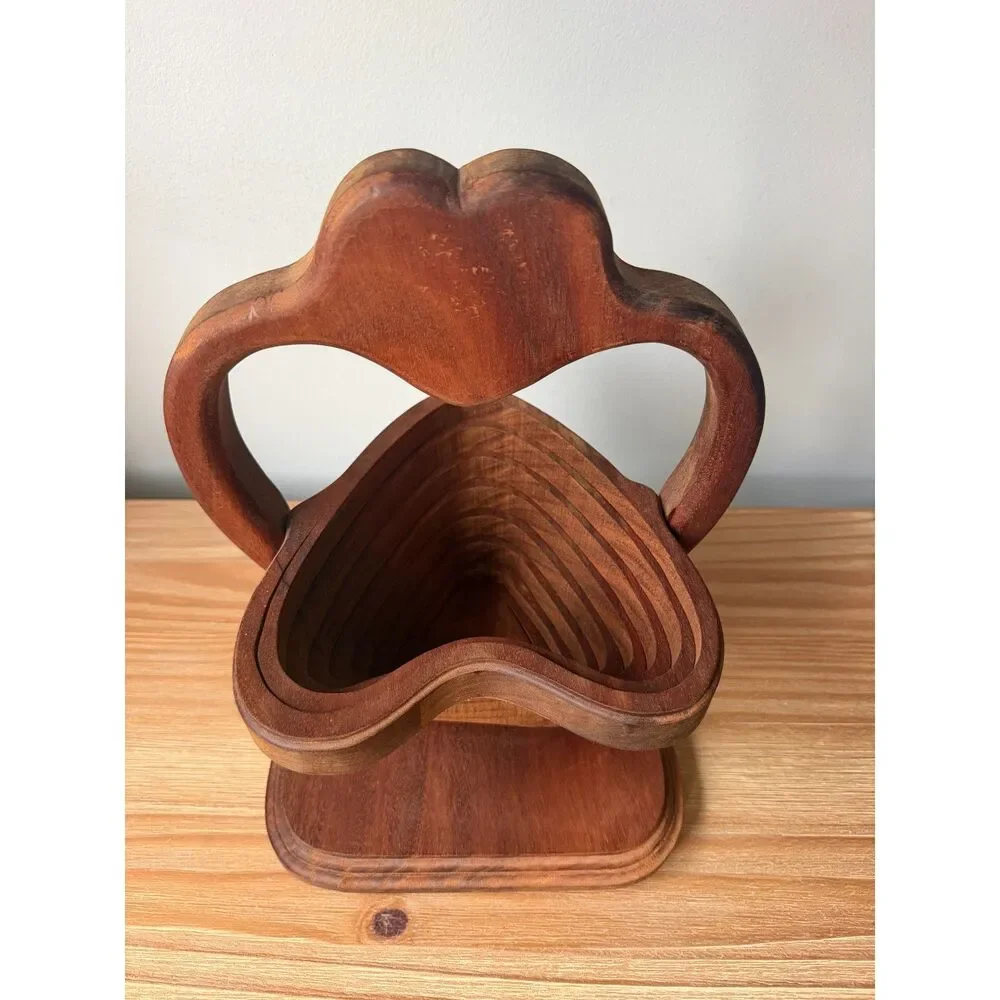 Vintage Artisan Carved Wood Folding Collapsible Heart Shaped Bowl Basket